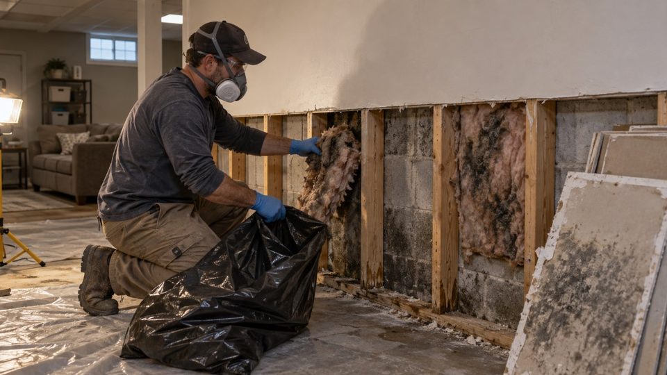 Mold removal from a finished basement wall in Janesville