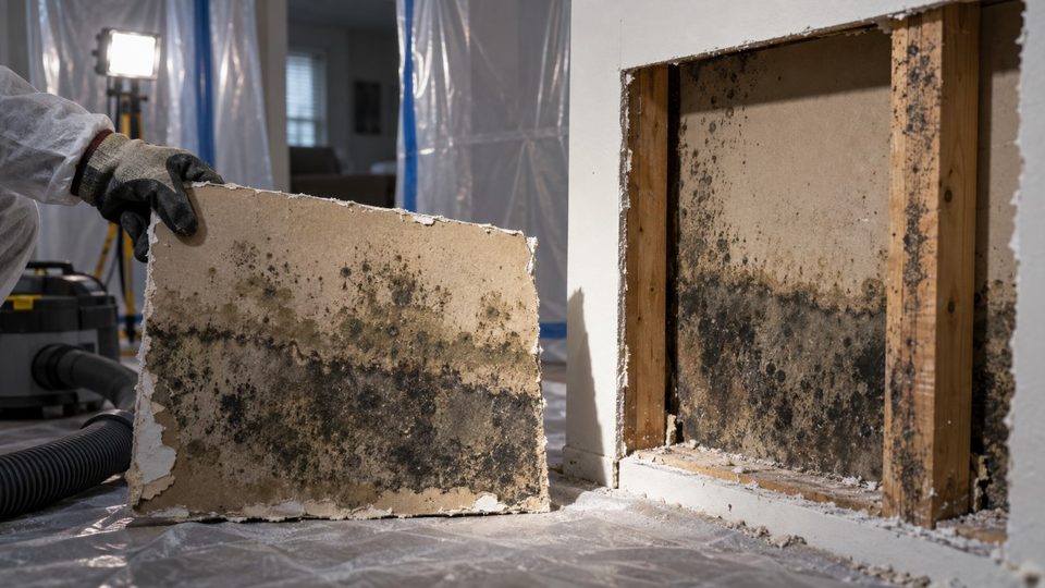Black mold on water-damaged drywall being removed under containment