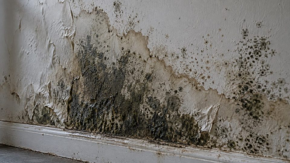 Black mold growth on a water-damaged wall requiring professional containment