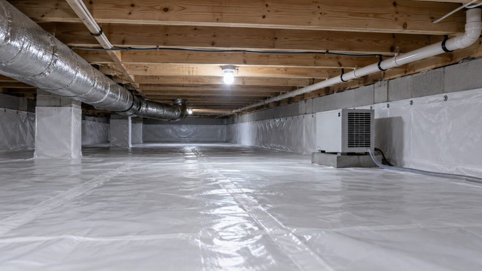Crawl space encapsulation with a sealed vapor barrier after mold removal