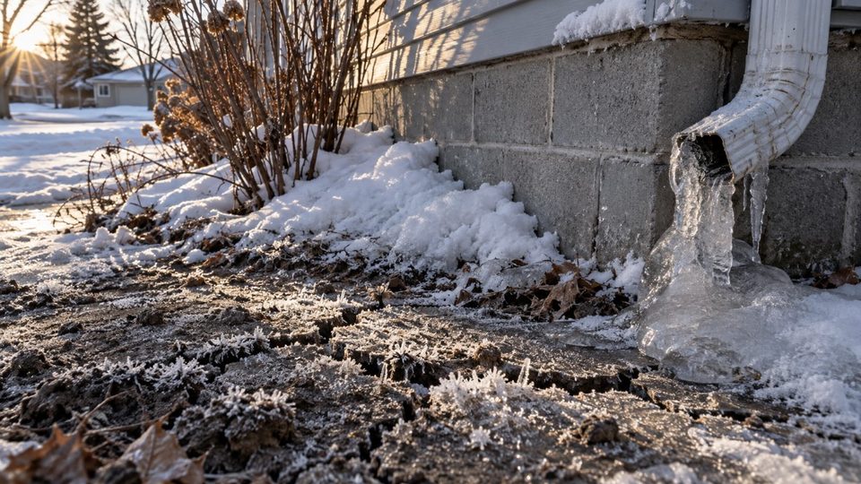 Frozen ground against a house foundation during a southern Wisconsin winter