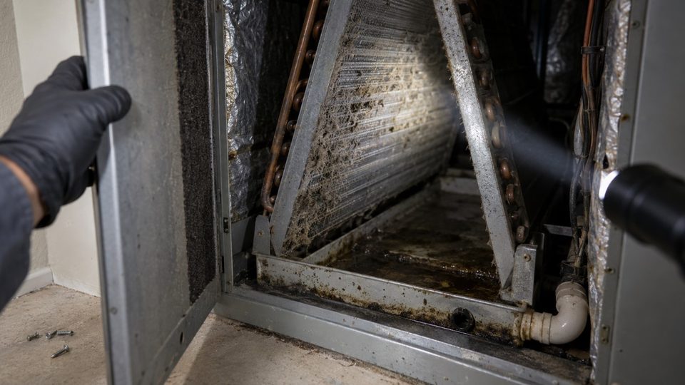 Mold and debris on an evaporator coil inside a residential air handler