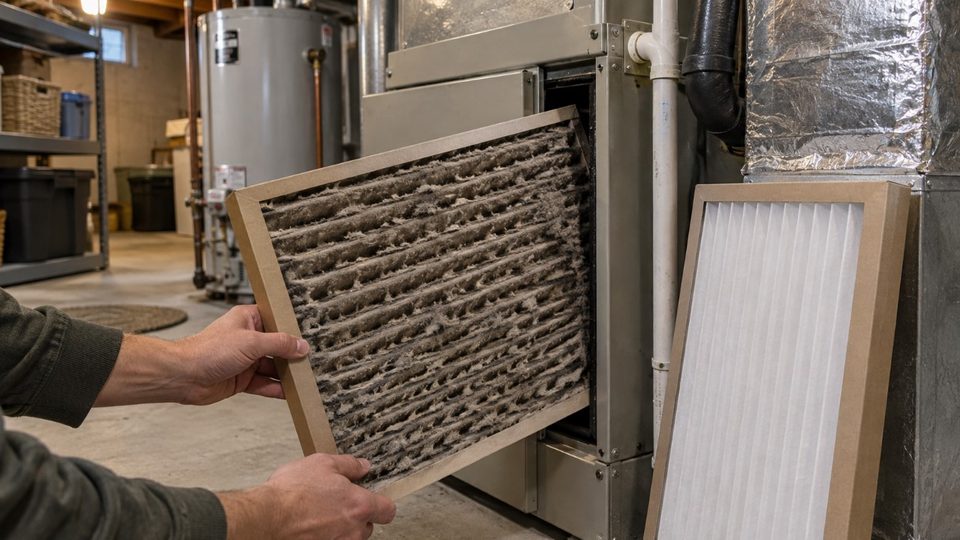 Dusty furnace filter pulled from a residential air handler in Janesville