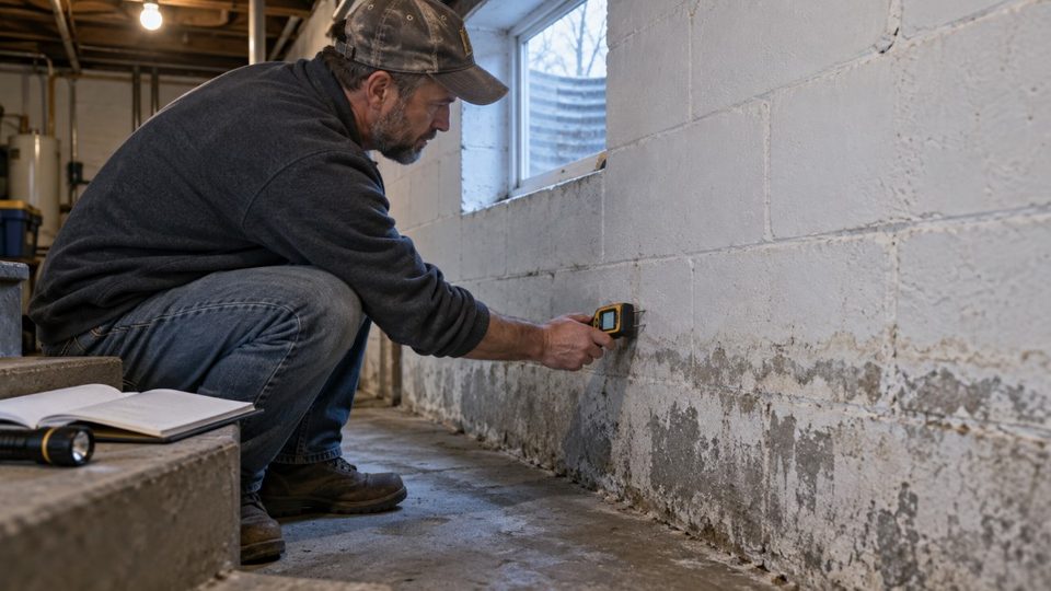 Mold inspection of a basement wall in a Janesville home