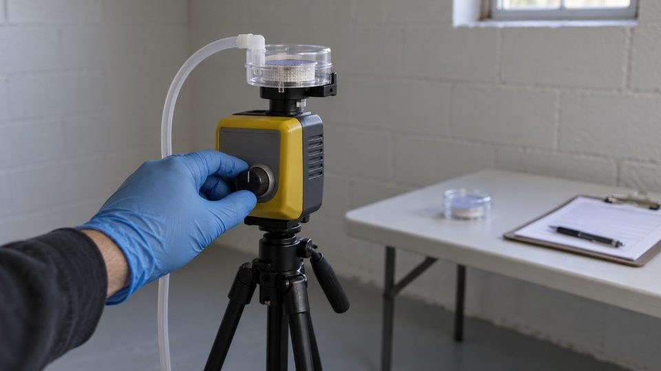 Air sampling pump and spore trap cassette during mold testing