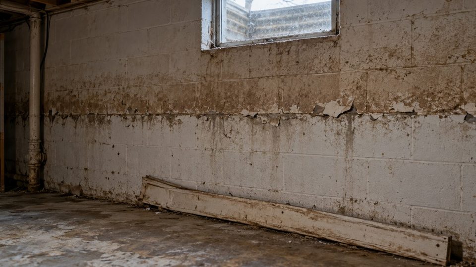 Flood water line on a basement wall after the Rock River crested in Janesville