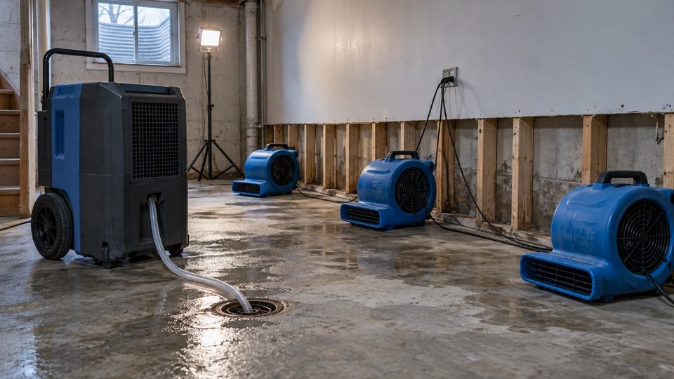 Drying equipment running in a Janesville basement after water damage