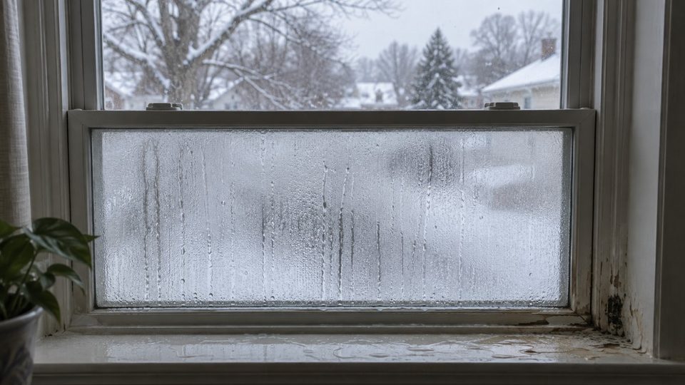 Winter condensation pooling on the sill of a window in a Wisconsin home